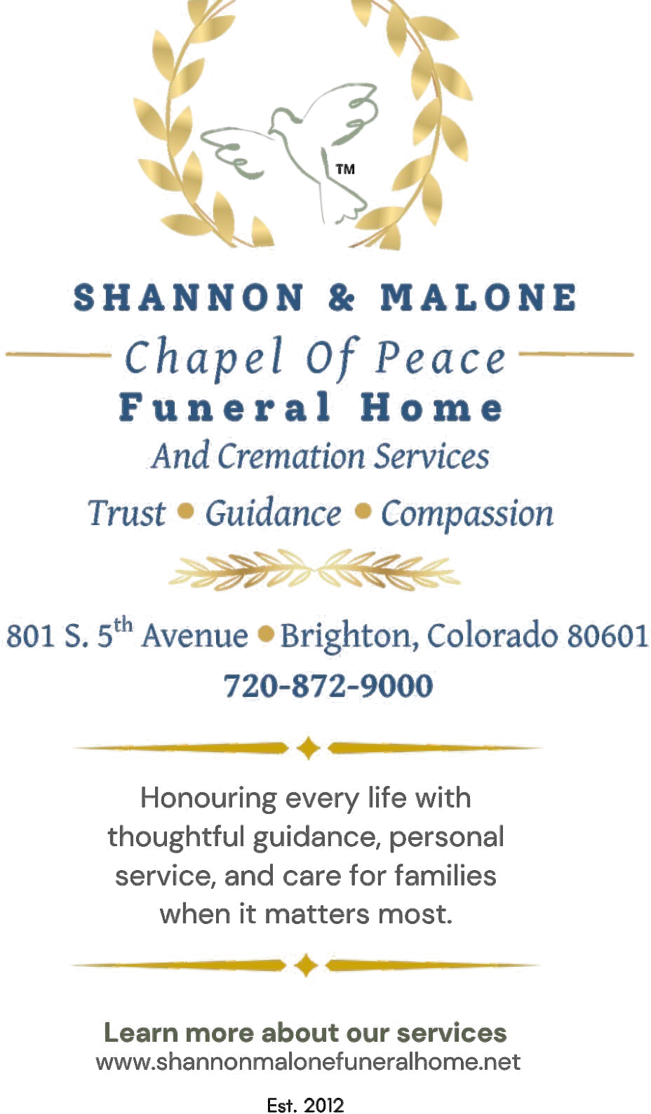 Shannon & Malone Chapel of Peace Funeral Home logo with white dove and black script text