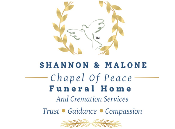 Shannon & Malone Chapel of Peace Funeral Home logo with white dove and black script text