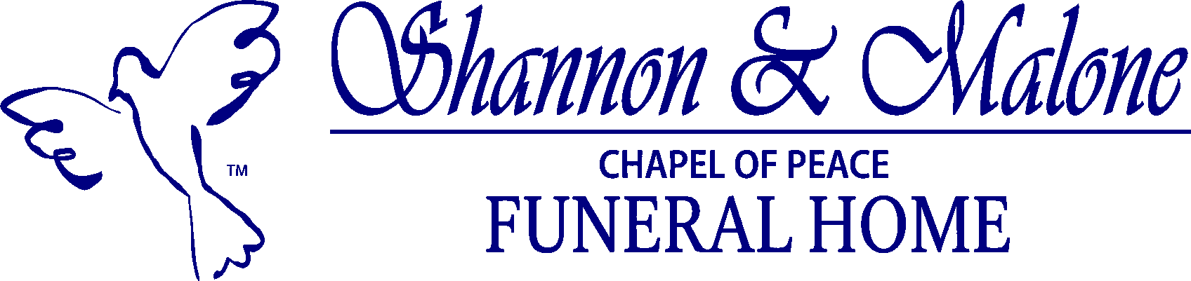 Shannon & Malone Chapel of Peace Funeral Home logo with white dove and black script text