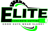 Logo for Elite Concrete Cutting, featuring black and neon green text with a stylized circular blade graphic.