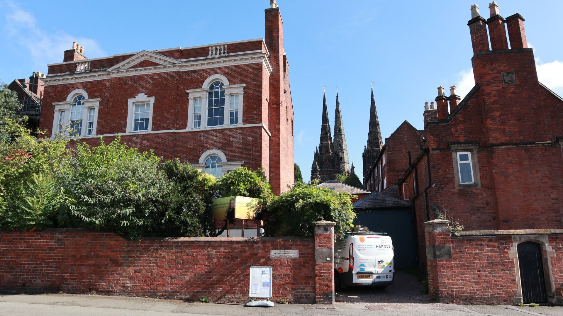 Erasmus Darwin House Lichfield on a summers day, next to Lichfield Cathereral with the Harnce van on the drive
