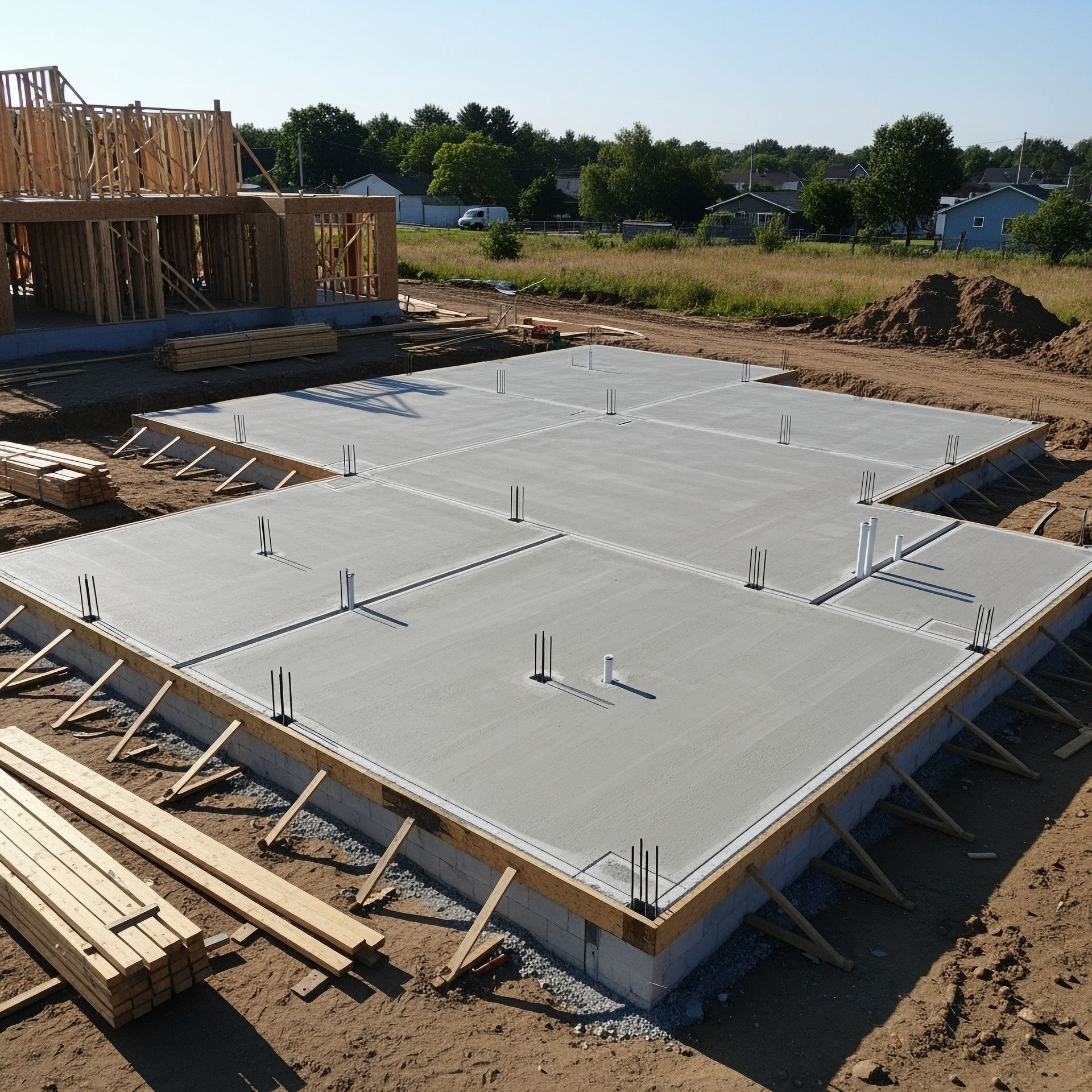 Concrete house foundation slab under construction with protruding rebar and wooden framing nearby