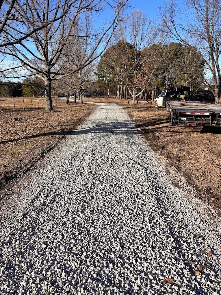 Gravel path through a leafless park with trees and benches on a sunny winter day