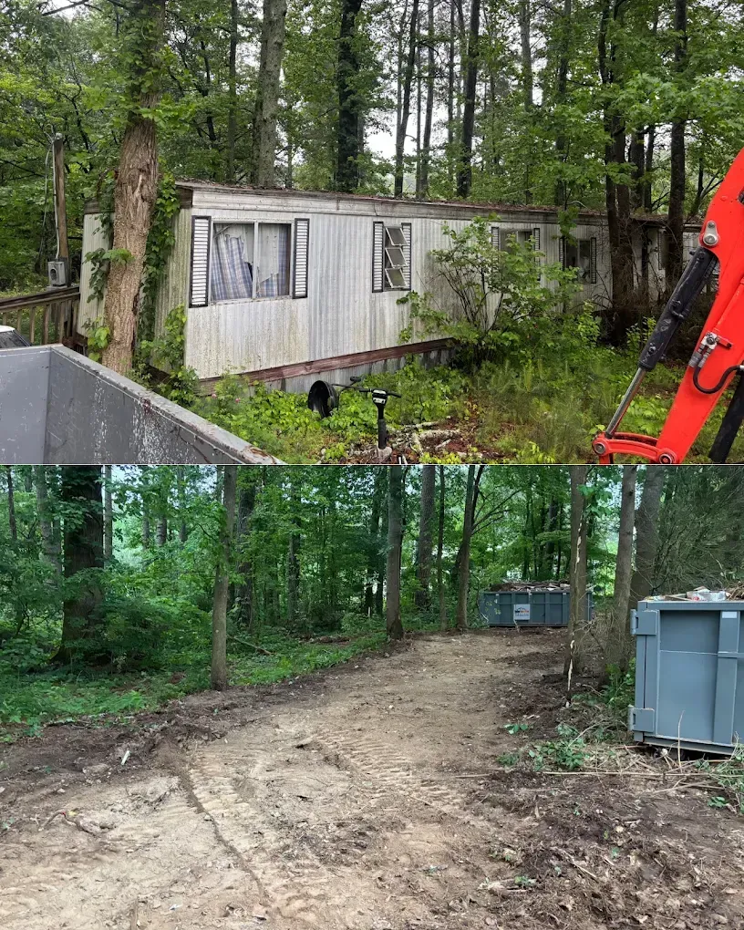 Split view of a wooded lot with an old white trailer and muddy dirt road, with a blue trash bin nearby.