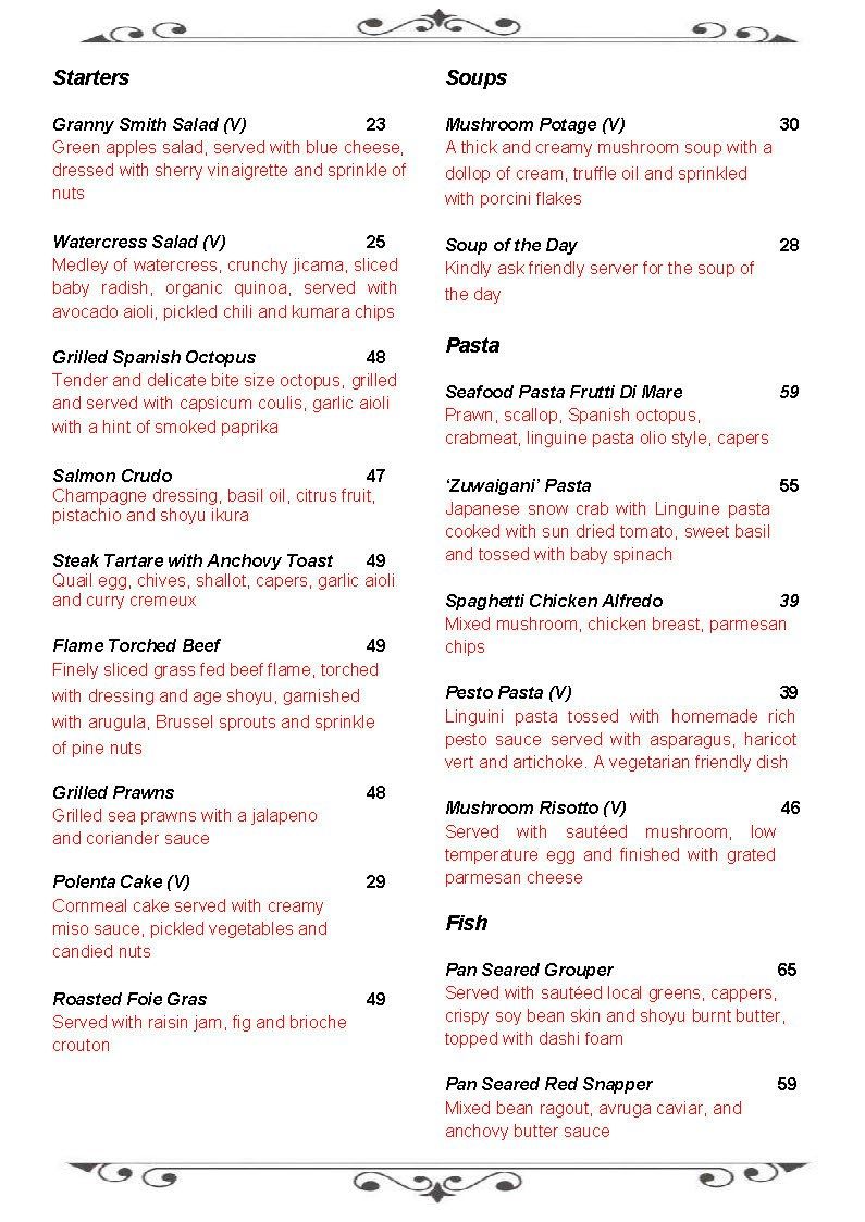 Menu for cocktails and food items. Lists items, prices, and descriptions.