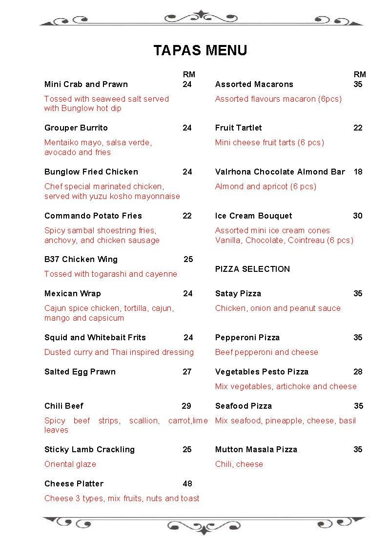 Tapas menu with various dish options and prices listed.