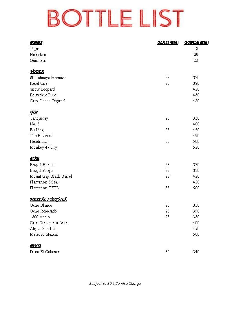 Bottle list with drink names, prices, and checkmarks on a white background.