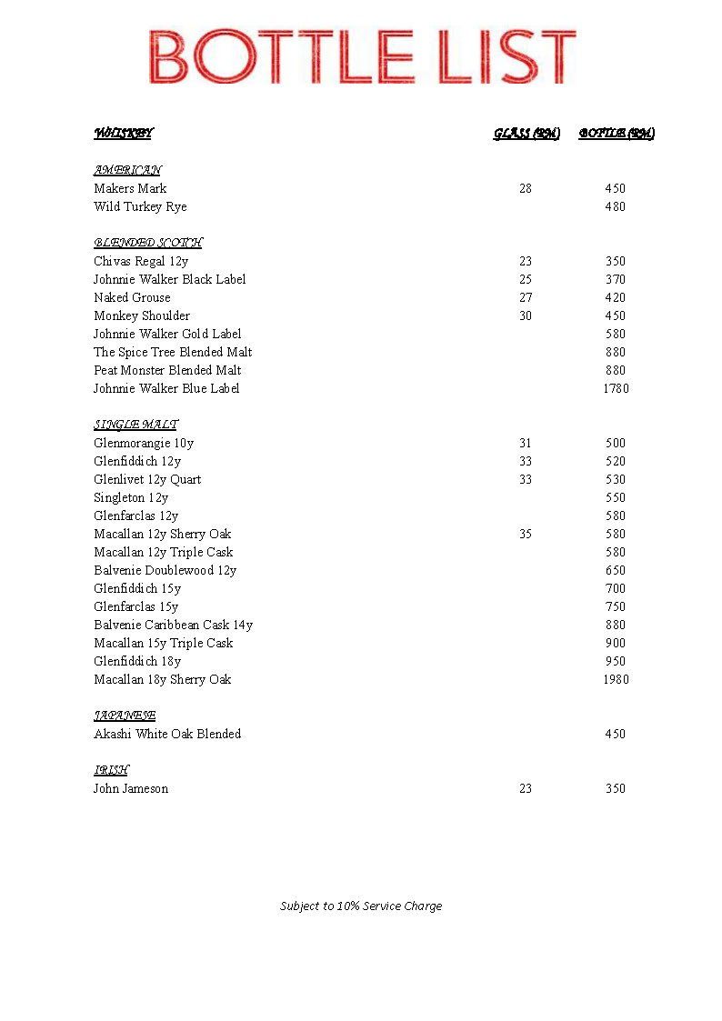 Bottle list, with drink names and prices.