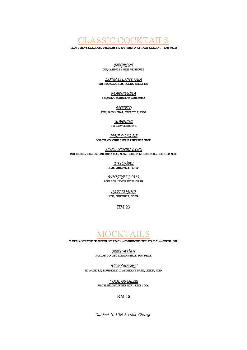 Cocktail menu with drink names and prices listed.