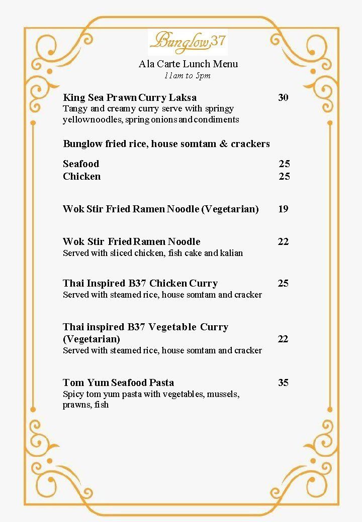 A restaurant menu with gold trim and a list of food items and prices.