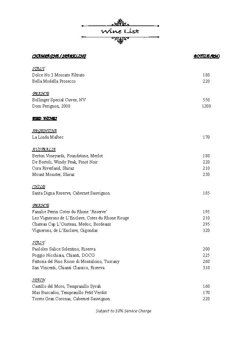 Menu from a restaurant, listing appetizers, entrees, and desserts with prices.