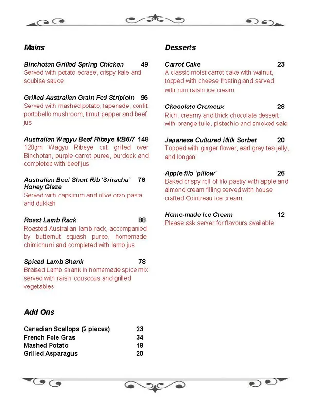 Restaurant menu with food descriptions and prices.