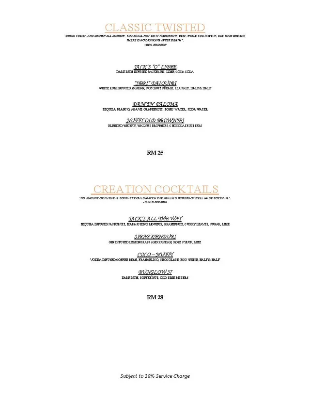 Menu with classic and creation cocktails. Text on a white background.