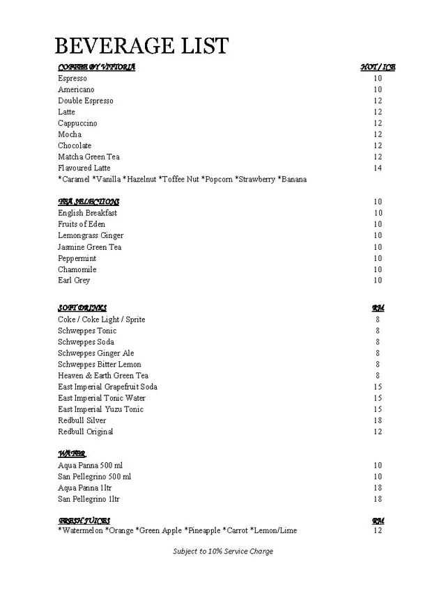 Beverage list: Coffee, tea, juice, water, and soft drinks with prices in a column.
