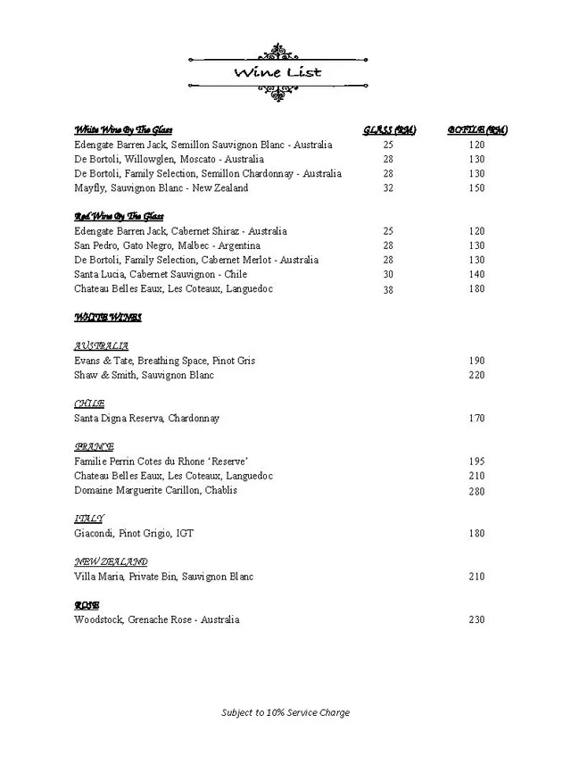 Wine list with various wines, their regions, and pricing.
