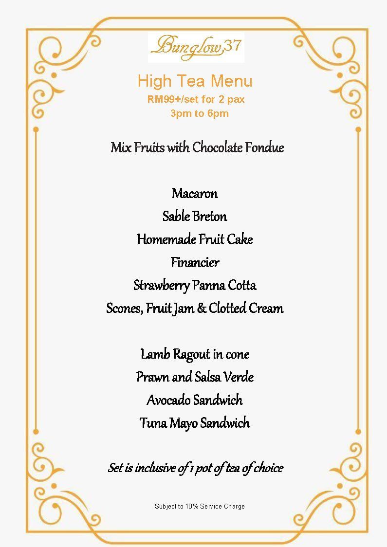 High Tea Menu: sweet and savory treats like scones, sandwiches. Gold border, white background.