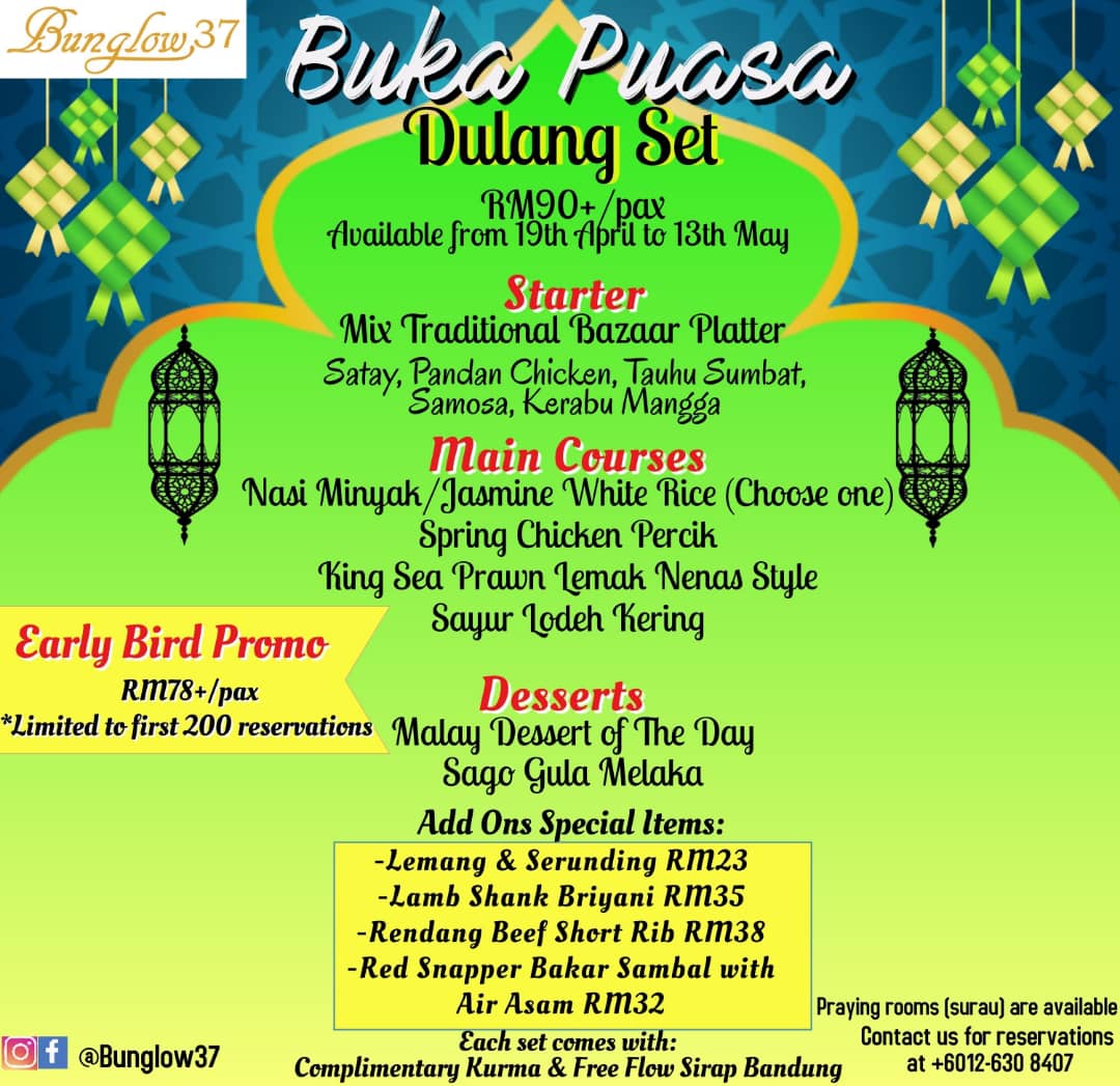 Buka Puasa food set ad. Includes prices, dishes like Satay, Spring Chicken, and desserts.