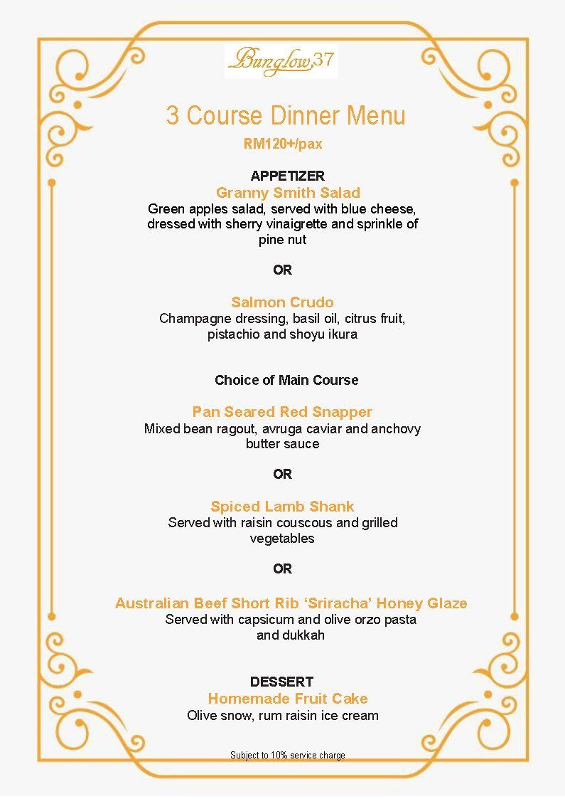 3-course dinner menu with appetizer, main course, and dessert options in a gold frame.