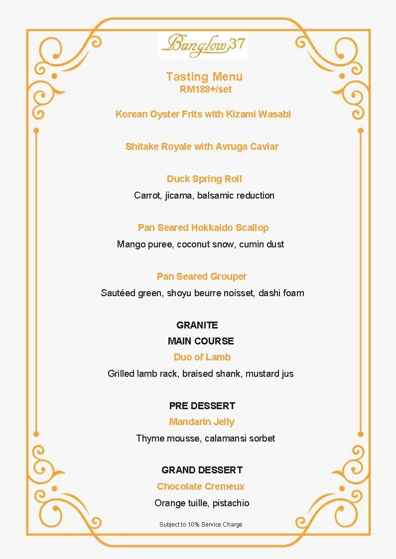 A gold-framed tasting menu with food descriptions, featuring a restaurant's logo at the top.