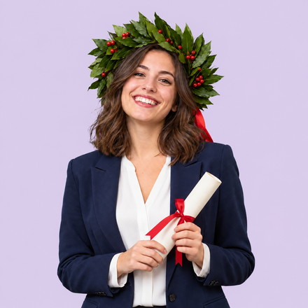 Neolaureato sorridente con giacca blu navy, diploma con nastro rosso in mano e corona d’alloro sul capo