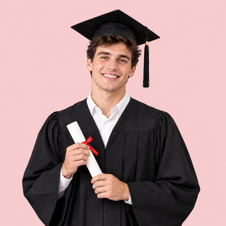Neolaureato sorridente con toga e tocco neri, con un diploma in mano su uno sfondo rosa