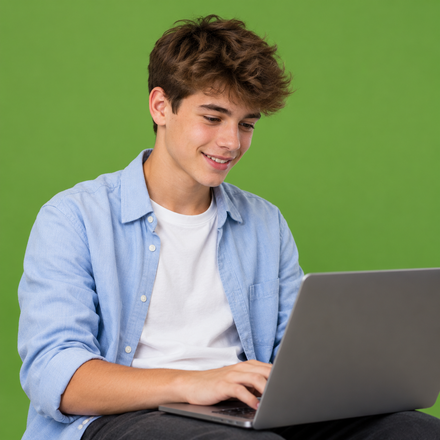 Persona sorridente mentre digita su un laptop davanti a uno sfondo verde