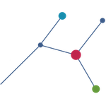 Diagramma di rete astratto con nodi blu, rossi, verdi e turchesi collegati su sfondo bianco