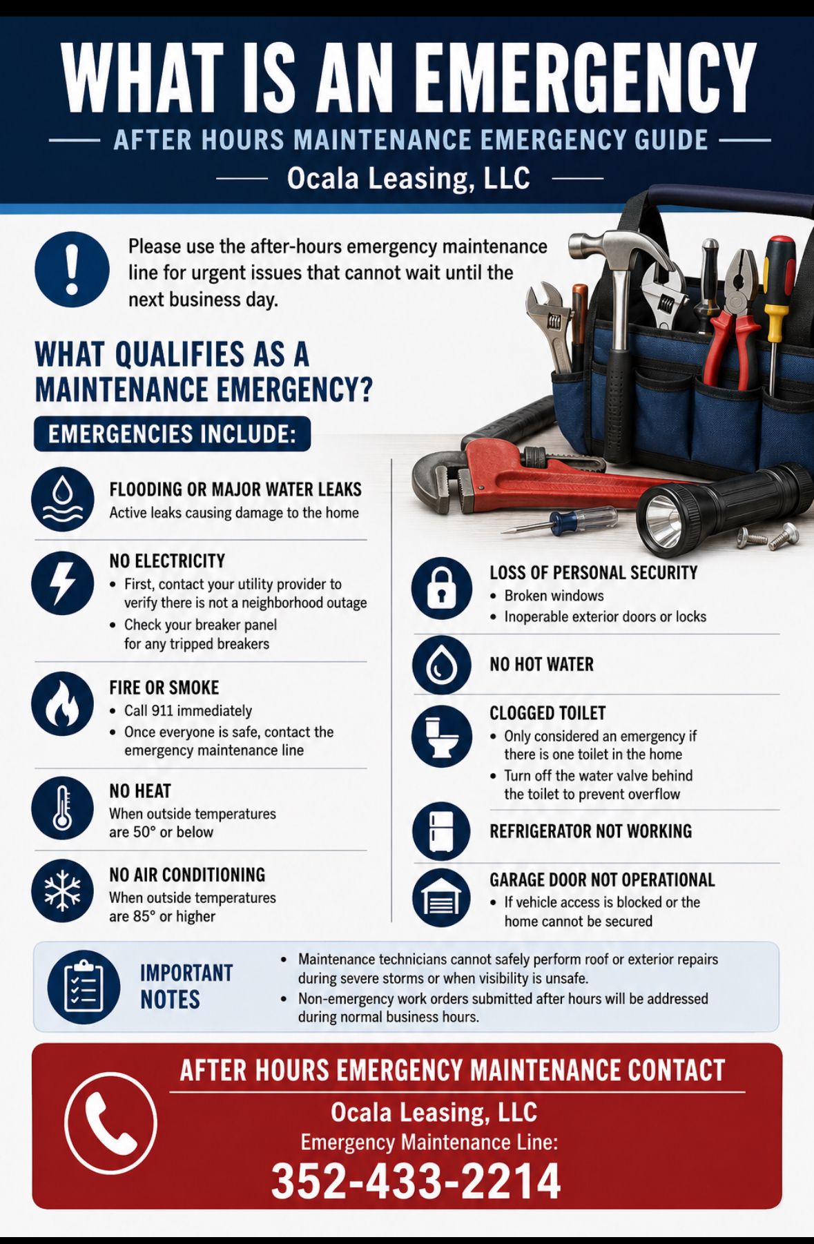 Flyer titled “What Is an Emergency?” with lawn equipment, safety icons, and after-hours emergency contact info.