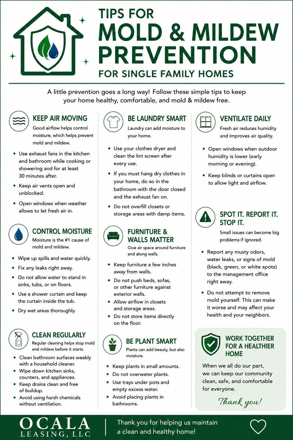 Infographic titled “Tips for Mold & Mildew Prevention for Single Family Homes” with green icons and safety tips.