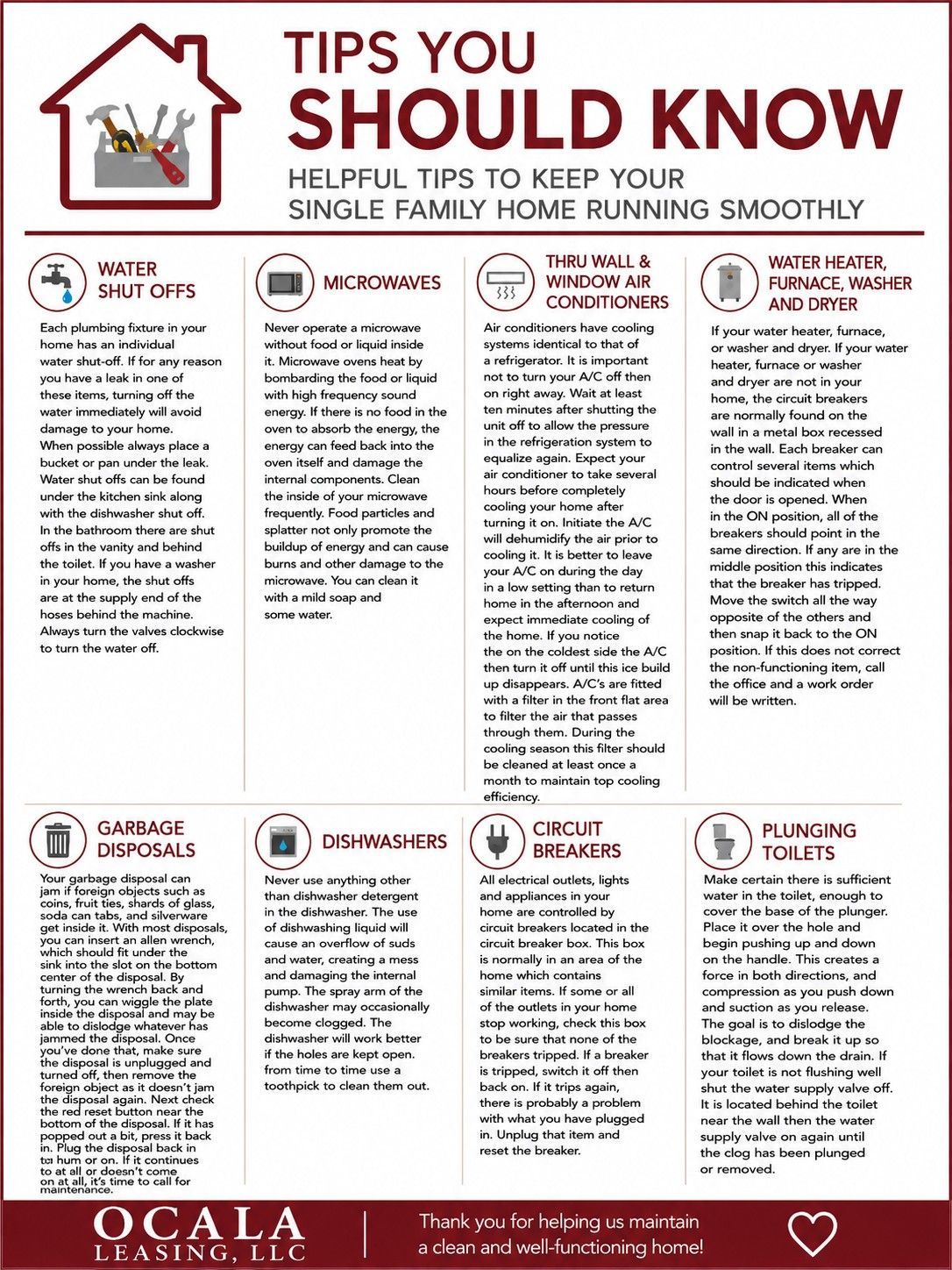 Flyer titled “Tips You Should Know” with seven household cleaning and home care tips.