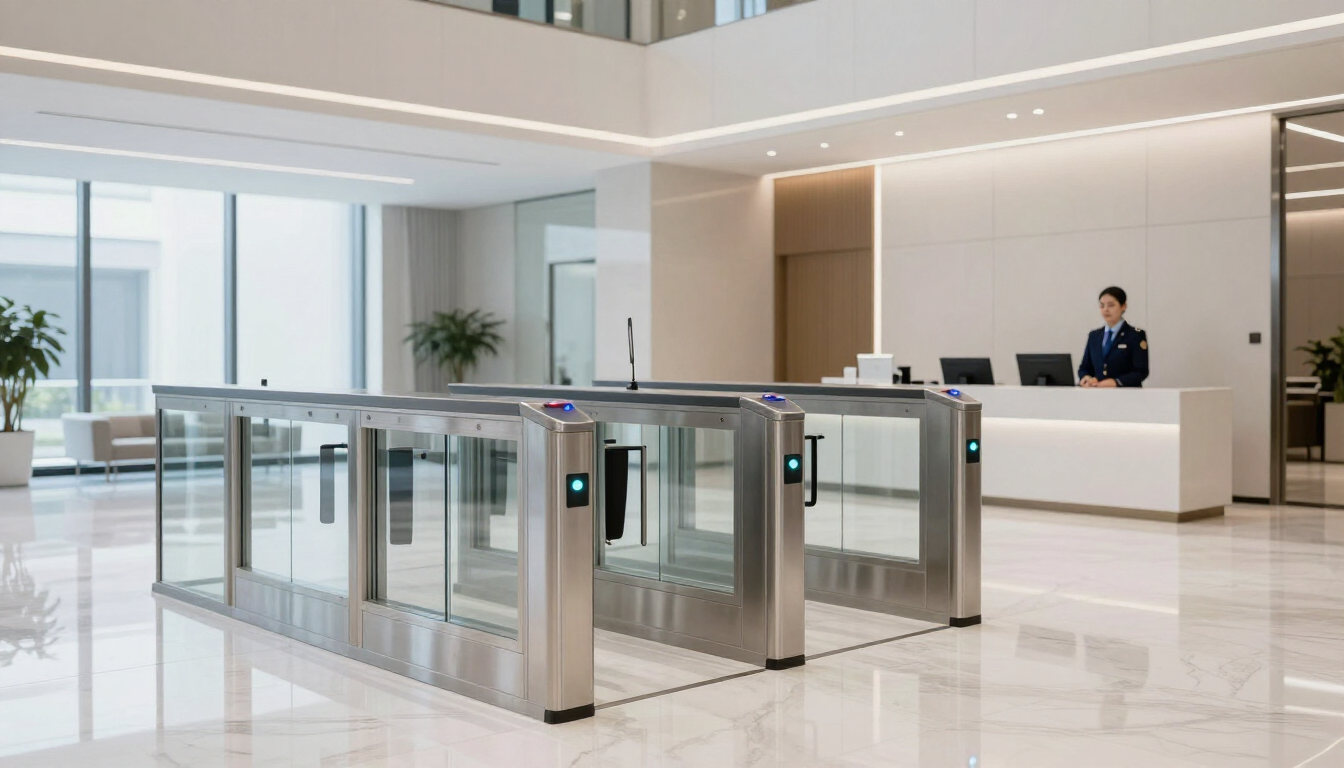 Sleek optical turnstiles in a modern Atlanta corporate lobby