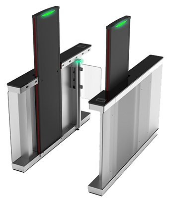 Cronus Turnstile Gate Metal Detector Two security access gates, one open, one closed, with green lights lit, in a modern, metallic design.