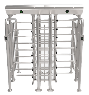 Dual-lane Full Height Turnstile FHT2400D Full height turnstile with vertical metal bars.