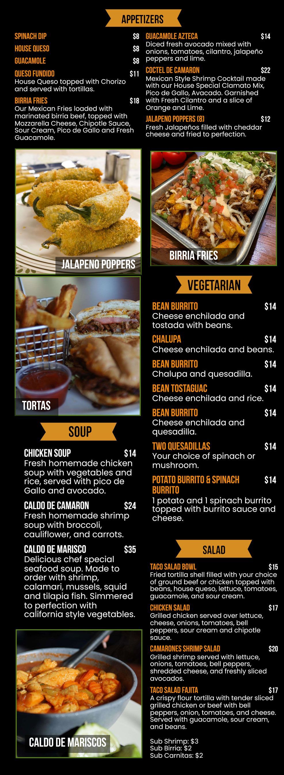 Menu with images, food items and prices. Fried foods, entrees, and taco options.