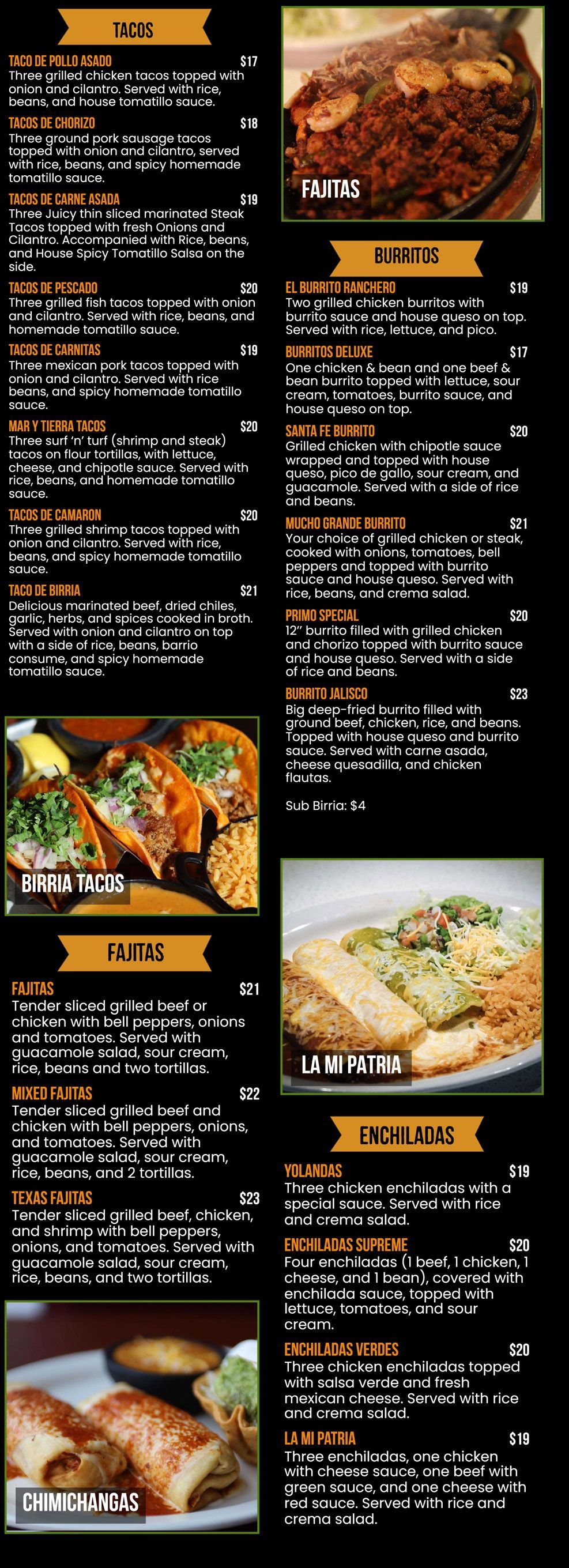 Menu with pictures, including tacos, cake, and fried food.