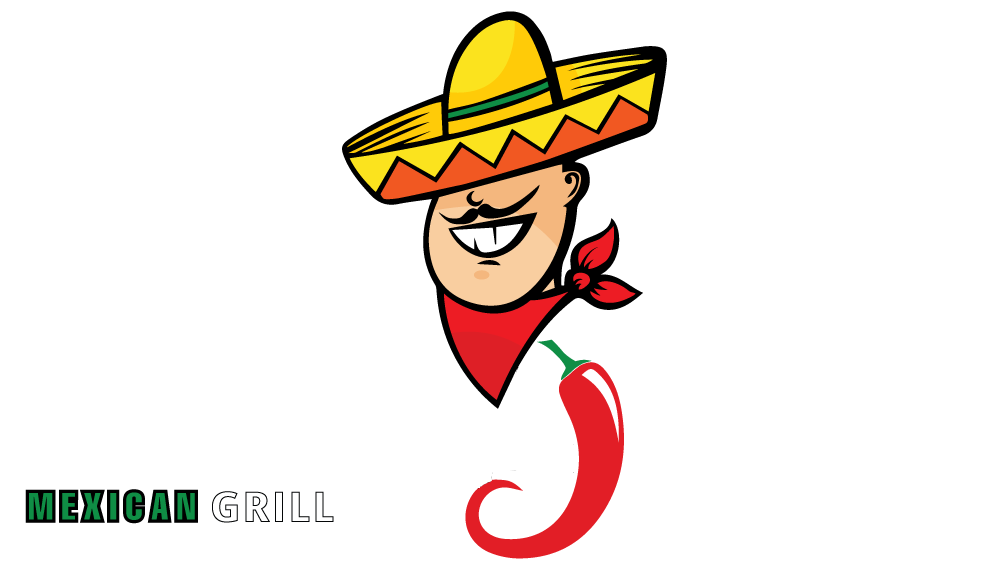 A cartoon character with a sombrero, mustache, and red bandana holding a red chili pepper, 