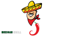 A cartoon character with a sombrero, mustache, and red bandana holding a red chili pepper,