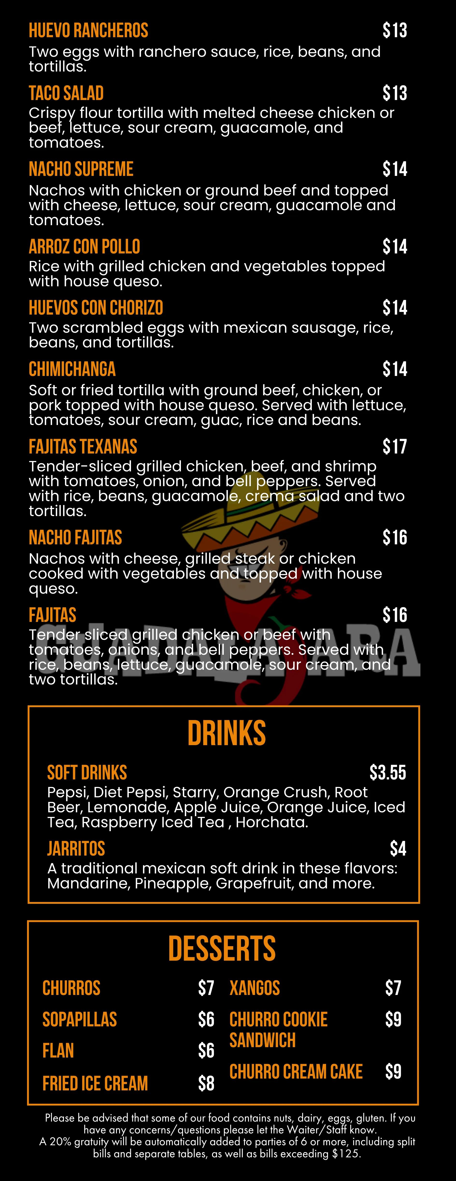 Menu for a restaurant called 