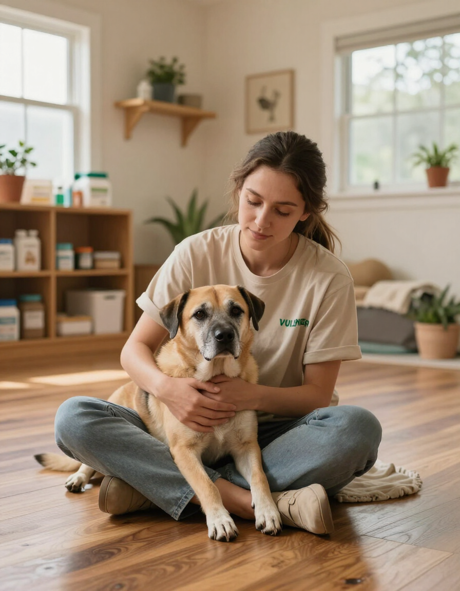 Volunteer gently holding a senior dog at the sanctuary