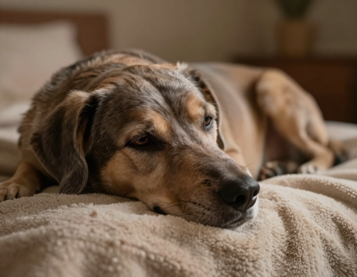 A gray-muzzled senior dog resting peacefully in soft amber light