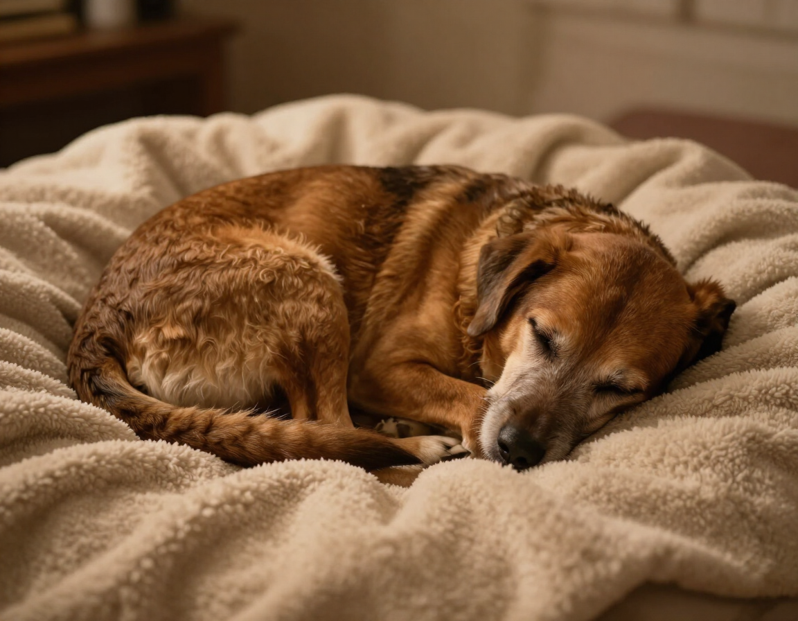 Senior dog sleeping on a fleece blanket