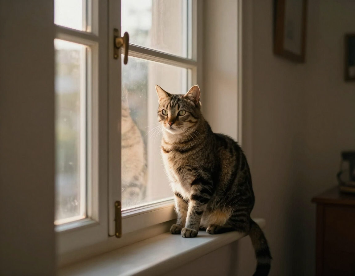 Tabby cat in a sunny window
