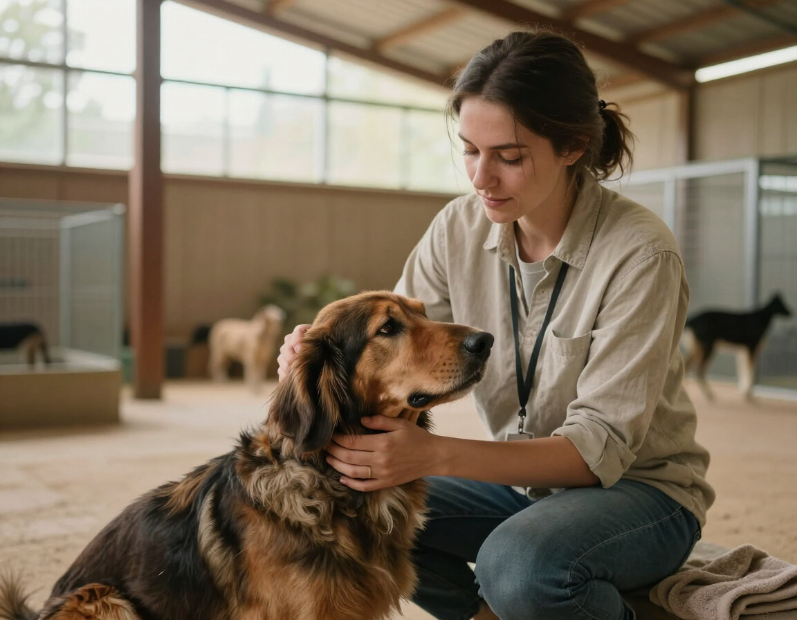 Volunteer gently brushing a long-haired dog