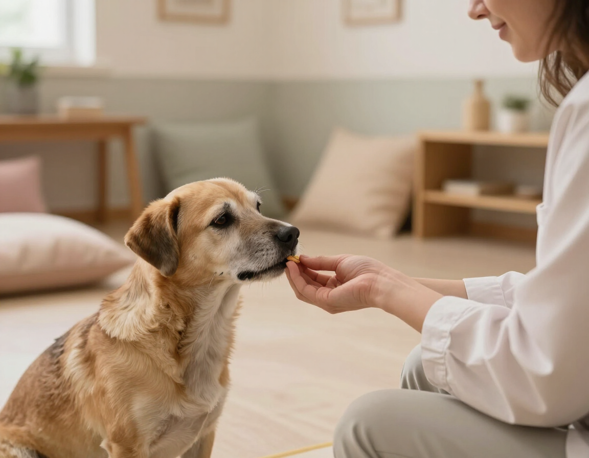 Staff member hand-feeding a small senior dog