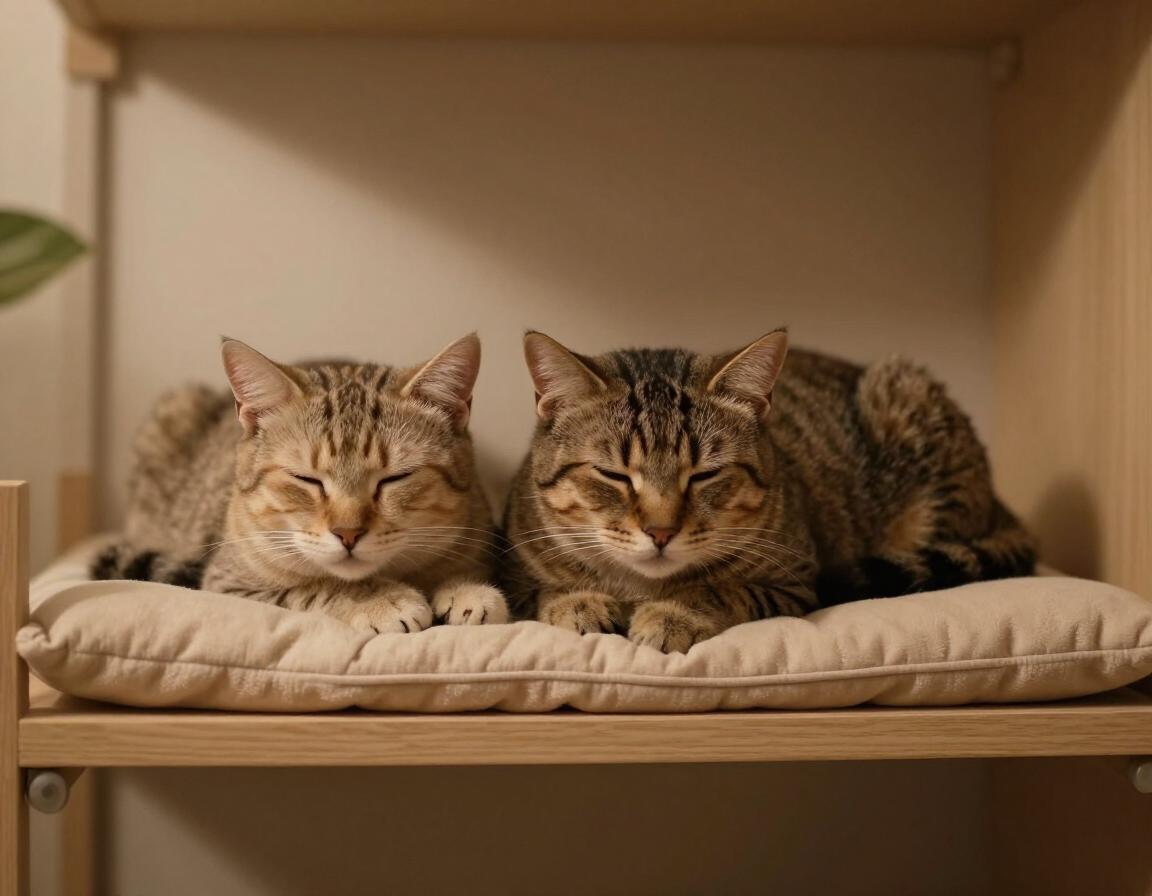 Two cats resting together on a padded shelf
