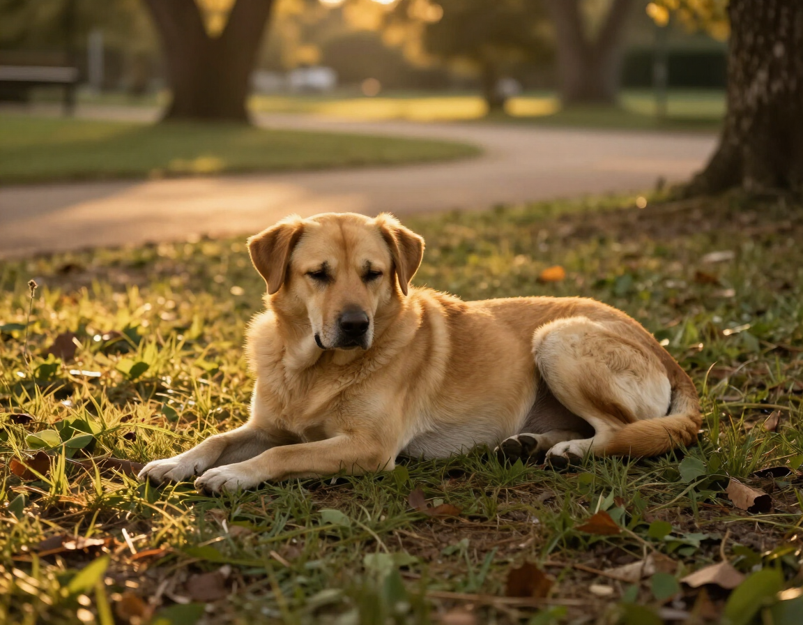 Dog lying in golden afternoon light outdoors