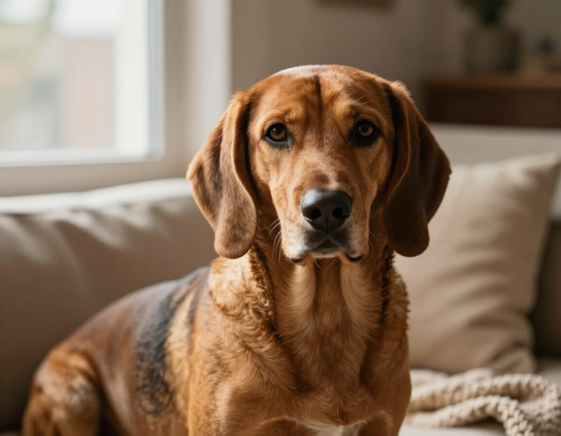 Rue, one-eyed hound mix