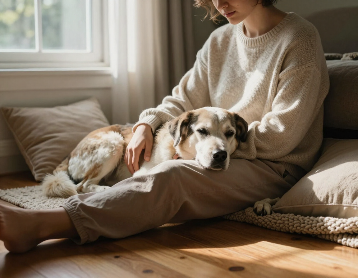 Person with senior dog on their lap in a cozy living room