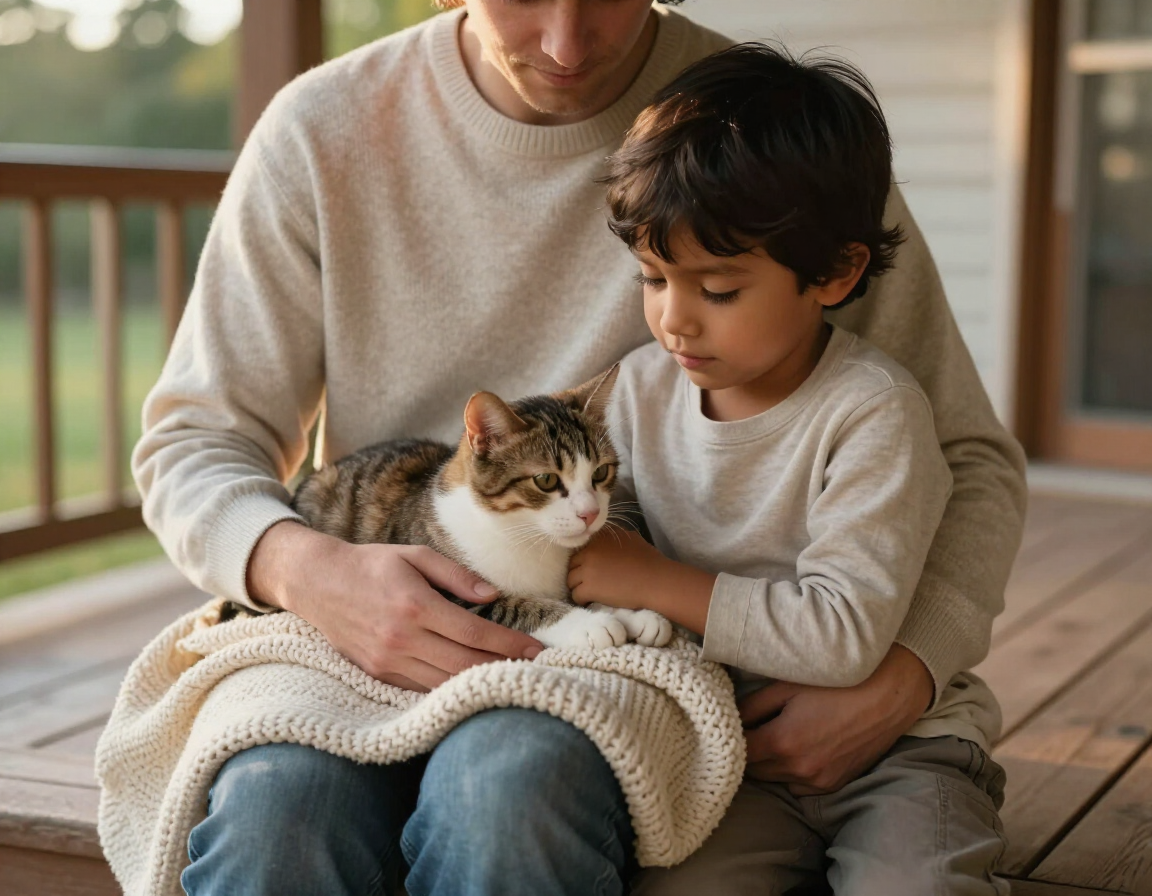 Foster family with a cat on a porch in afternoon light