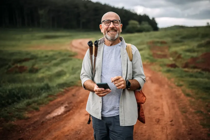 Smiling man holding two walking sticks on a dirt path in a grassy field